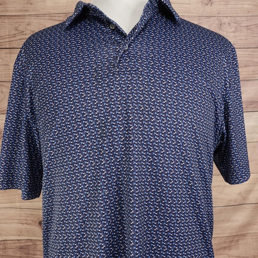 PGA TOUR Golf Polo Shirt Mens Large Blue Geometric Print 100% Polyester Tagless